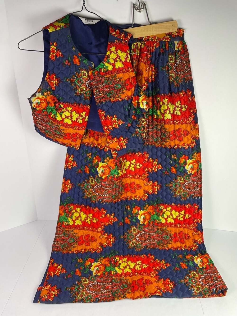 Vintage Montgomery Ward Quilted Floral Paisley Vest and Maxi Skirt 2-Piece Set